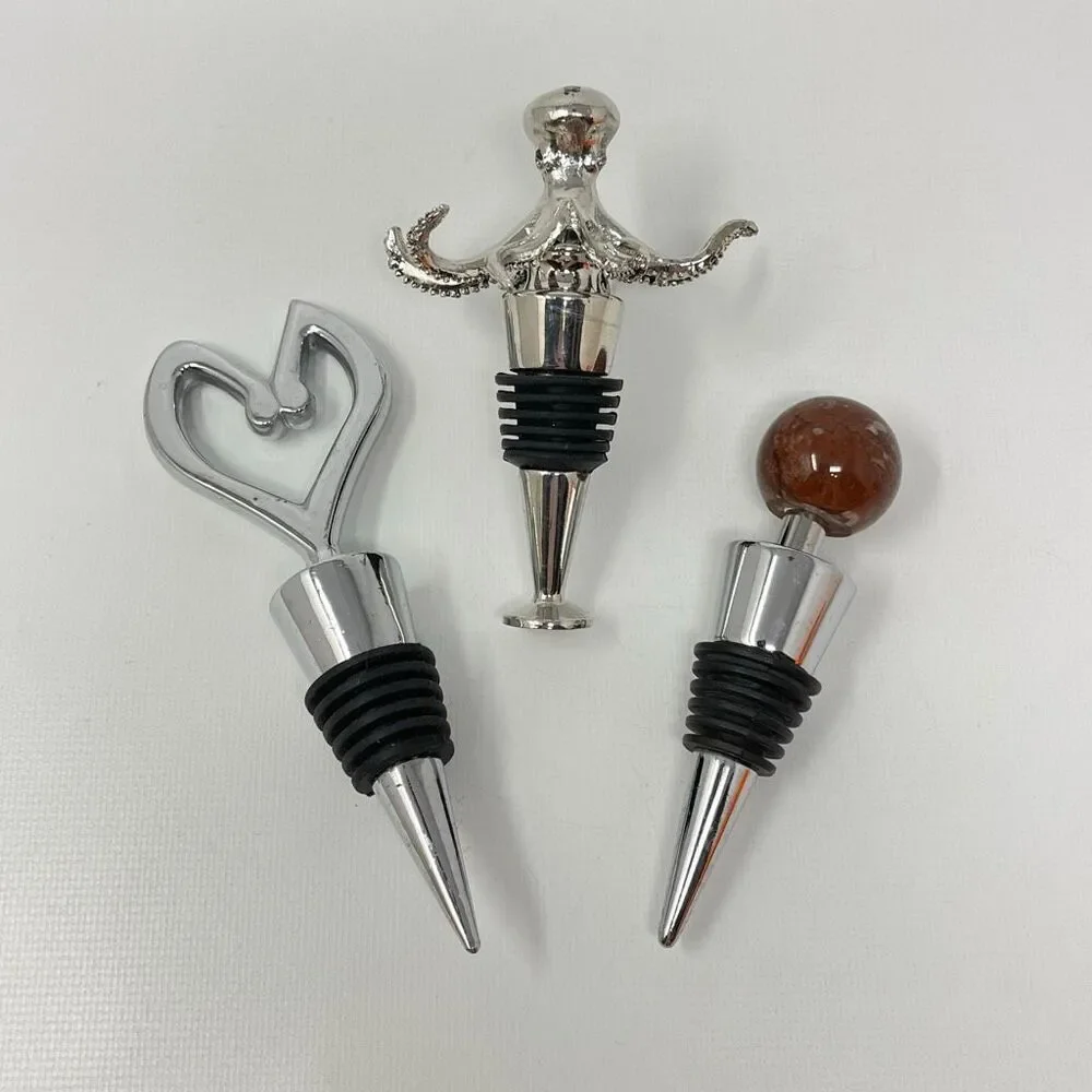 Metal & Stone Wine Bottle Stopper Lot of 3 Metal Octopus & Heart Stone Ball